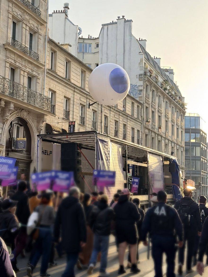 Cortège avec pancartes violettes devant le camion sono, ballon blanc au-dessus des immeubles.